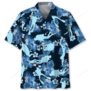 Front view of the scuba diving shirt in blue, featuring silhouettes and tropical flowers on a dark background.