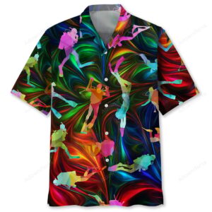 Front view of a vibrant scuba diving shirt with colorful diver silhouettes on a swirling background.