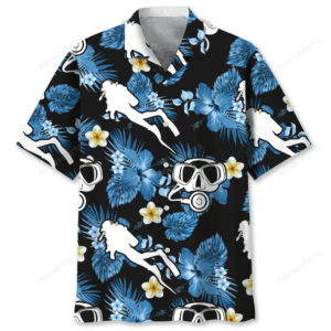 Front view of the scuba diving shirt featuring a vibrant black background with blue floral and diver graphics.