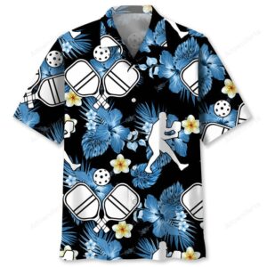 Front view of a vibrant black pickleball shirt with blue floral patterns and white silhouettes of players.