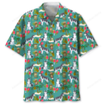 Front view of a husky Hawaiian shirt featuring vibrant tropical designs with huskies, pineapples, and tiki motifs.