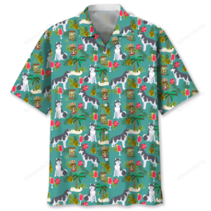 Front view of a husky Hawaiian shirt featuring vibrant tropical designs with huskies, pineapples, and tiki motifs.