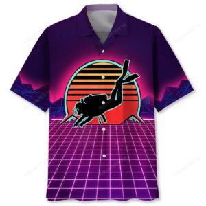 Front view of a vibrant scuba diving shirt featuring a diver silhouette against a colorful sunset.