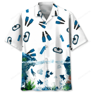 Front view of a scuba diving lovers Hawaiian shirt featuring blue snorkeling gear on a white background.