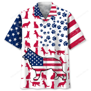 Front view of a German Shepherd shirt featuring a patriotic USA flag design with vibrant colors and paw prints.