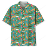 Front view of a vibrant golden retriever Hawaiian shirt featuring playful dog and tropical designs.