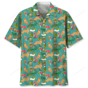 Front view of a vibrant golden retriever Hawaiian shirt featuring playful dog and tropical designs.
