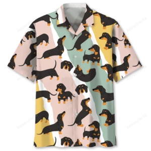 Front view of the dachshund hawaii shirt featuring colorful dachshund patterns on a pastel background.