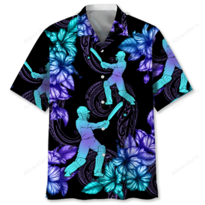 Front view of a cricket tropical shirt featuring vibrant purple flowers and cricket players on a black background.