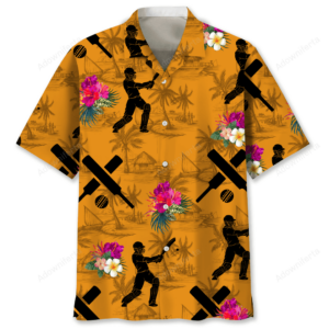 Front view of a vibrant orange cricket Hawaiian shirt with floral accents and cricket motifs.