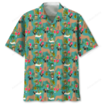 Front view of the Great Dane Hawaiian shirt featuring vibrant patterns of dogs and tropical elements.
