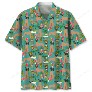 Front view of the Great Dane Hawaiian shirt featuring vibrant patterns of dogs and tropical elements.