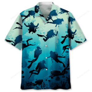 Scuba diving shirt in teal featuring silhouettes of divers and marine life, front view showcasing vibrant design.