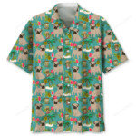 Front view of a pug Hawaiian shirt featuring playful pugs and tropical elements on a teal background.