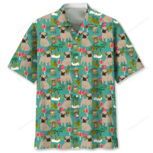 Front view of a pug Hawaiian shirt featuring playful pugs and tropical elements on a teal background.