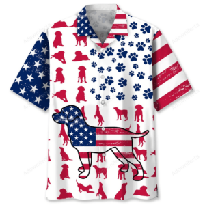 Front view of a patriotic Hawaiian shirt featuring red, white, and blue designs with pitbull silhouettes and paw prints.