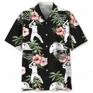 Front view of a black cricket shirt featuring vibrant flowers and players, perfect for casual outings.