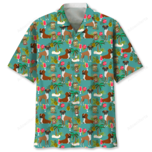 Colorful boxer Hawaiian shirt featuring playful dog and tropical prints, front view