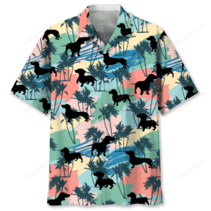 Dachshund Hawaiian shirt in vibrant colors showcases black dachshunds against a tropical palm backdrop, front view.