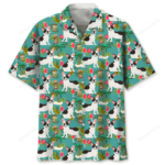 French Bulldog Hawaiian shirt in teal, featuring playful dog and tropical designs, front view for style showcase.