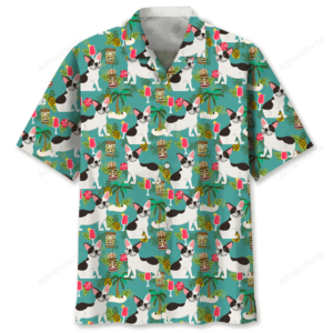 French Bulldog Hawaiian shirt in teal, featuring playful dog and tropical designs, front view for style showcase.