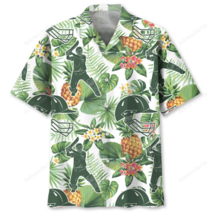 Cricket tropical shirt in vibrant green with pineapples and floral design, front view showcasing bold graphics.