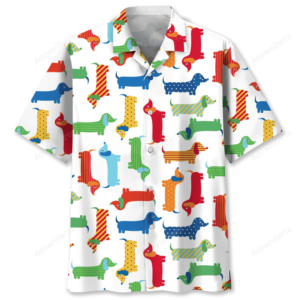 Front view of the colorful dachshund Hawaii shirt featuring playful dog designs on a white background.
