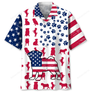 Front view of the pug USA flag shirt featuring vibrant red and blue colors with playful pug silhouettes.