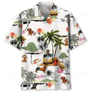 Front view of a dachshund beach shirt featuring colorful dogs, palm trees, and tropical flowers on a white background.