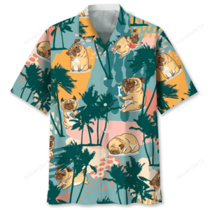 Colorful pug Hawaiian shirt featuring playful pugs and palm trees, viewed from the front.