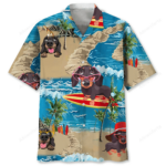 Front view of a dachshund Hawaiian shirt featuring playful dogs on a beach, vibrant colors and fun designs.