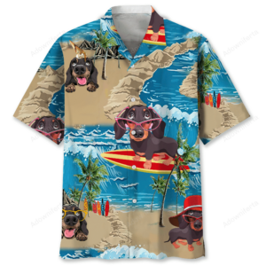 Front view of a dachshund Hawaiian shirt featuring playful dogs on a beach, vibrant colors and fun designs.
