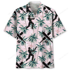 Front view of a cricket tropical shirt in pink, featuring palm trees and cricketers in a vibrant design.