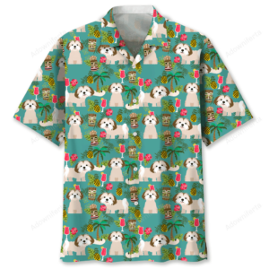 Front view of a Shih Tzu Hawaiian shirt in teal, featuring playful dog and tropical designs.