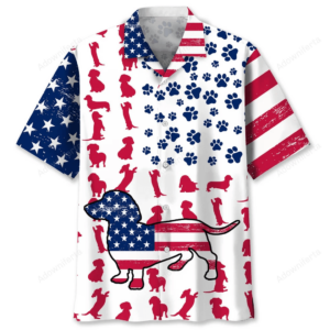 Front view of the dachshund USA flag shirt featuring vibrant colors and playful dog silhouettes.