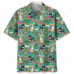 Chihuahua Hawaiian shirt in vibrant teal, featuring playful dog patterns and tropical designs from the front view.