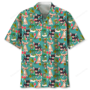 Chihuahua Hawaiian shirt in vibrant teal, featuring playful dog patterns and tropical designs from the front view.
