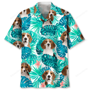 Front view of a beagle tropical shirt with vibrant green leaves and playful beagle faces, perfect for summer fun.