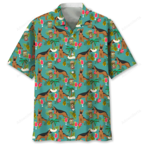 Front view of a vibrant German Shepherd Hawaiian shirt featuring tropical designs and a teal background.