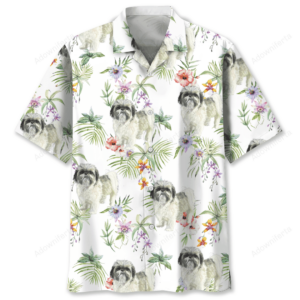 Front view of a shih tzu tropical shirt featuring vibrant floral designs on a white background.