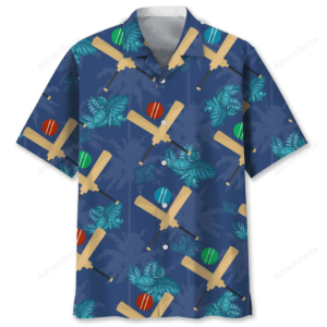 Front view of the cricket tropical shirt featuring blue background with cricket bats and balls, perfect for summer.