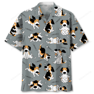 Front view of beagle Hawaiian shirt featuring playful dog illustrations on a grey background.