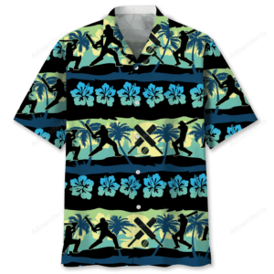 Front view of the cricket nature beach shirt featuring vibrant blue and black colors with floral and cricket motifs.
