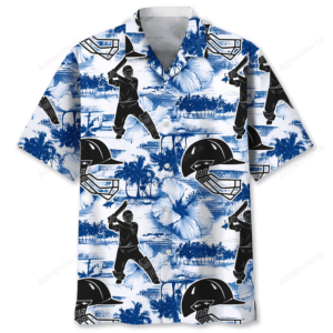 Front view of a cricket shirt featuring a blue nature design with palm trees and cricket motifs.