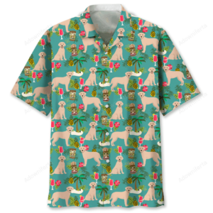 Front view of a vibrant labrador Hawaiian shirt featuring playful labs among tropical designs.