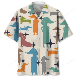 Colorful dachshund Hawaiian shirt featuring playful dog designs, viewed from the front for vibrant detail.