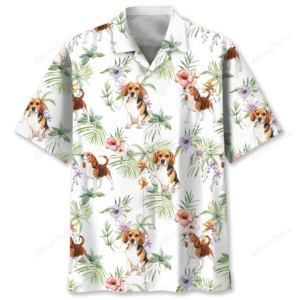Front view of the beagle tropical shirt featuring vibrant floral patterns and playful beagles on a white background.