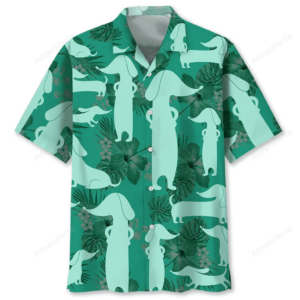 Front view of a dachshund Hawaiian shirt in Kelly Green with playful dog silhouettes and tropical leaves.