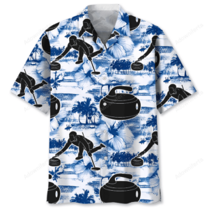 Front view of a unique curling Hawaiian shirt featuring a vibrant tropical design in blue and white.