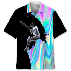 Front view of the cricket shirt featuring a vibrant liquid metal design and a striking cricket player graphic.